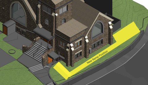 Architectural rendering showing the proposed new ramp position along the church entrance and front walkway